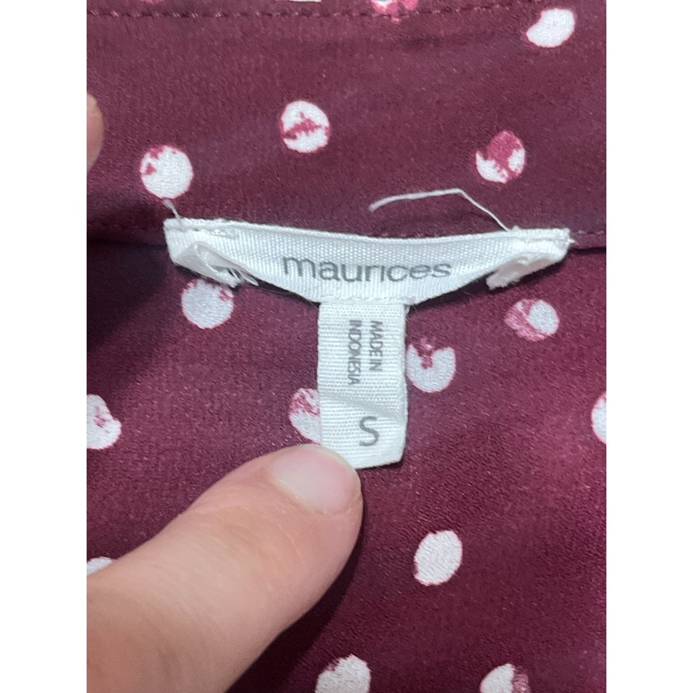 Maurices Blouse, Women's Small, Maroon White Polka Dots Long Sleeve Button Up - Picture 5 of 10